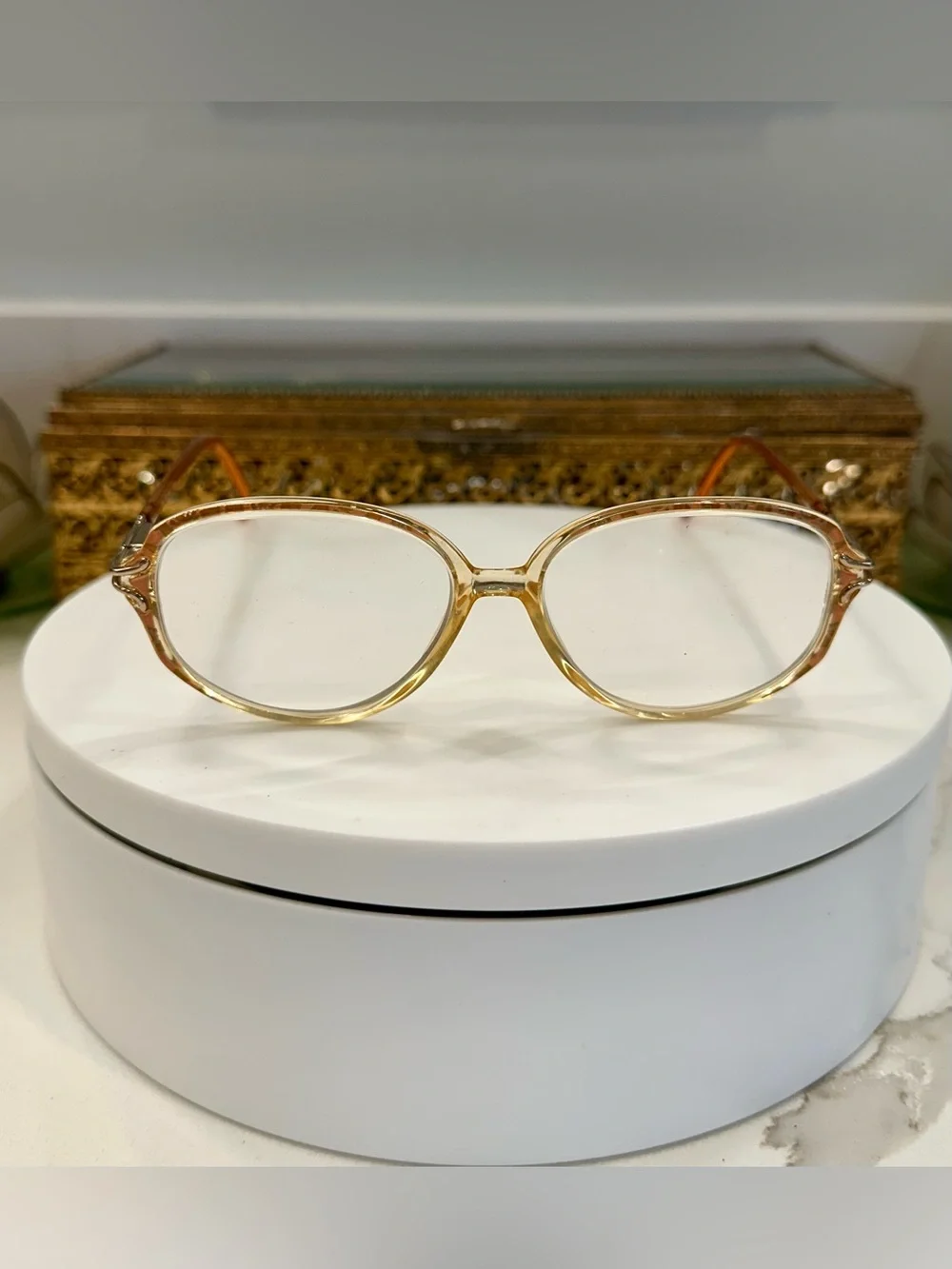 VTG Elizabeth Arden Orange & Gold Rounded Oval Patterned Rx Eyeglass Frames EUC